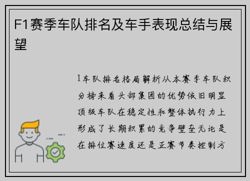 F1赛季车队排名及车手表现总结与展望